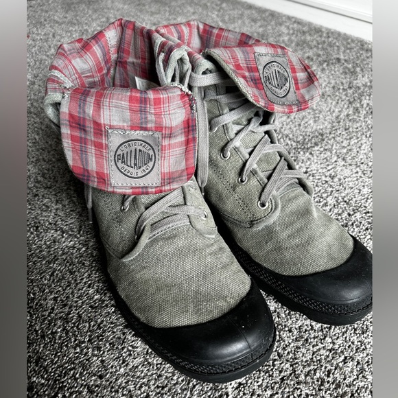 PALLADIUM Boots Men Size 13 Olive Green Canvas High Top Boots 02353090 Plaid - Picture 3 of 6